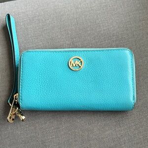 Michael Kors Turquoise Pebbled Leather Wristlet Wallet with Gold Logo